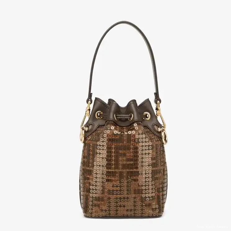 Cheap HOT Mon Brown Sequins with Bag Bucket In Fabric Tresor Mini FF Motif Fendi 0506